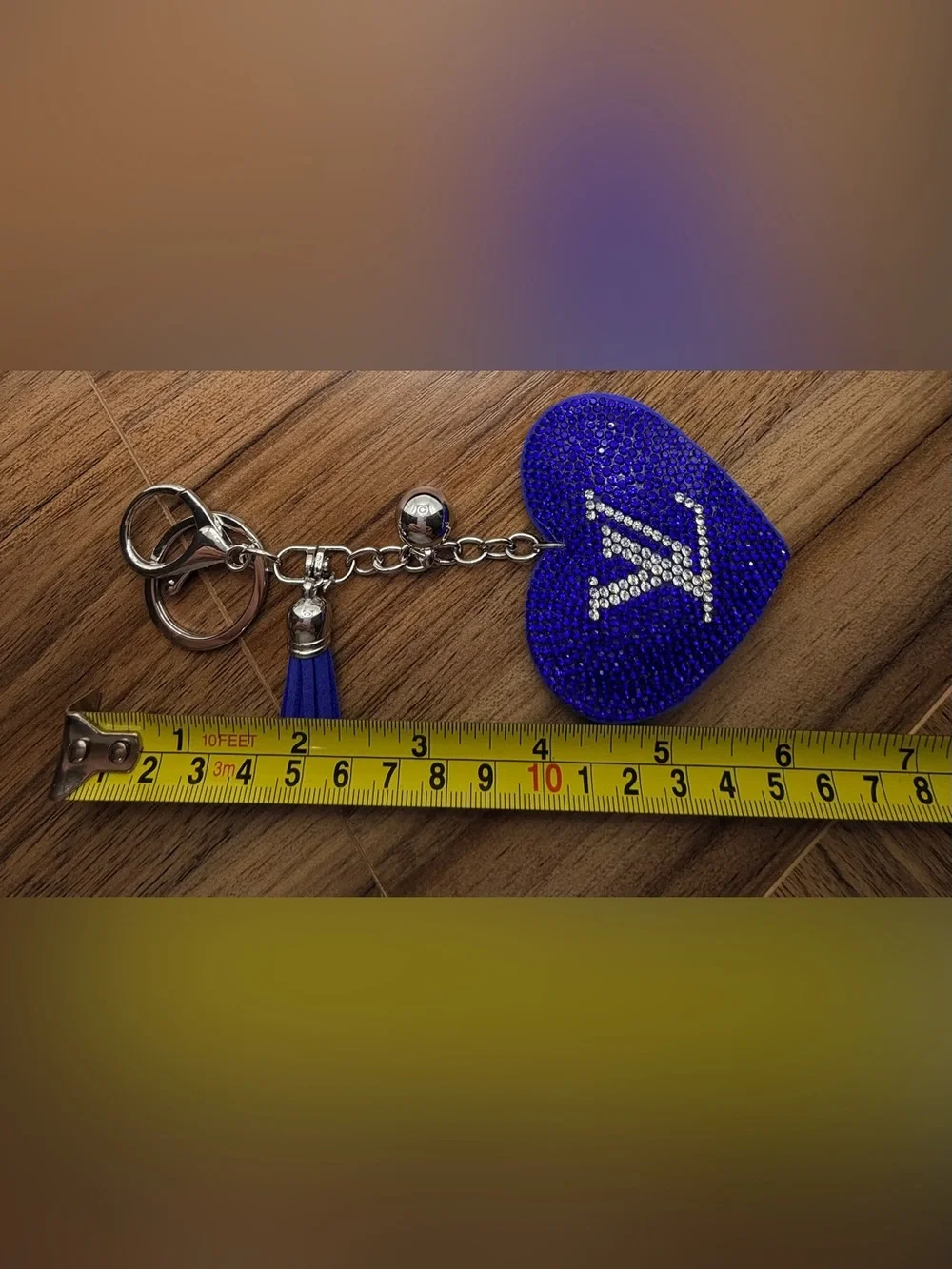 Royal Blue Crystal Heart Keychain with Silver Hardware